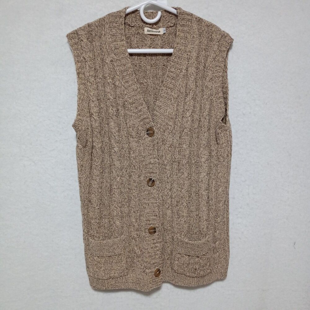 Aeneontrue Tan Speckled Long Sweater Vest Button Front Cardigan Womens Large